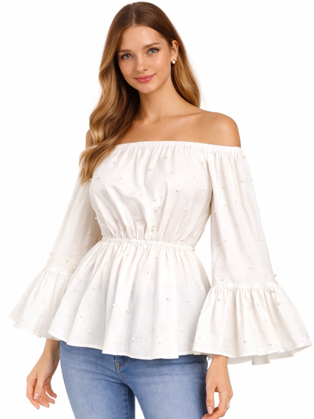 White Pearl Accent Off The Shoulder Top